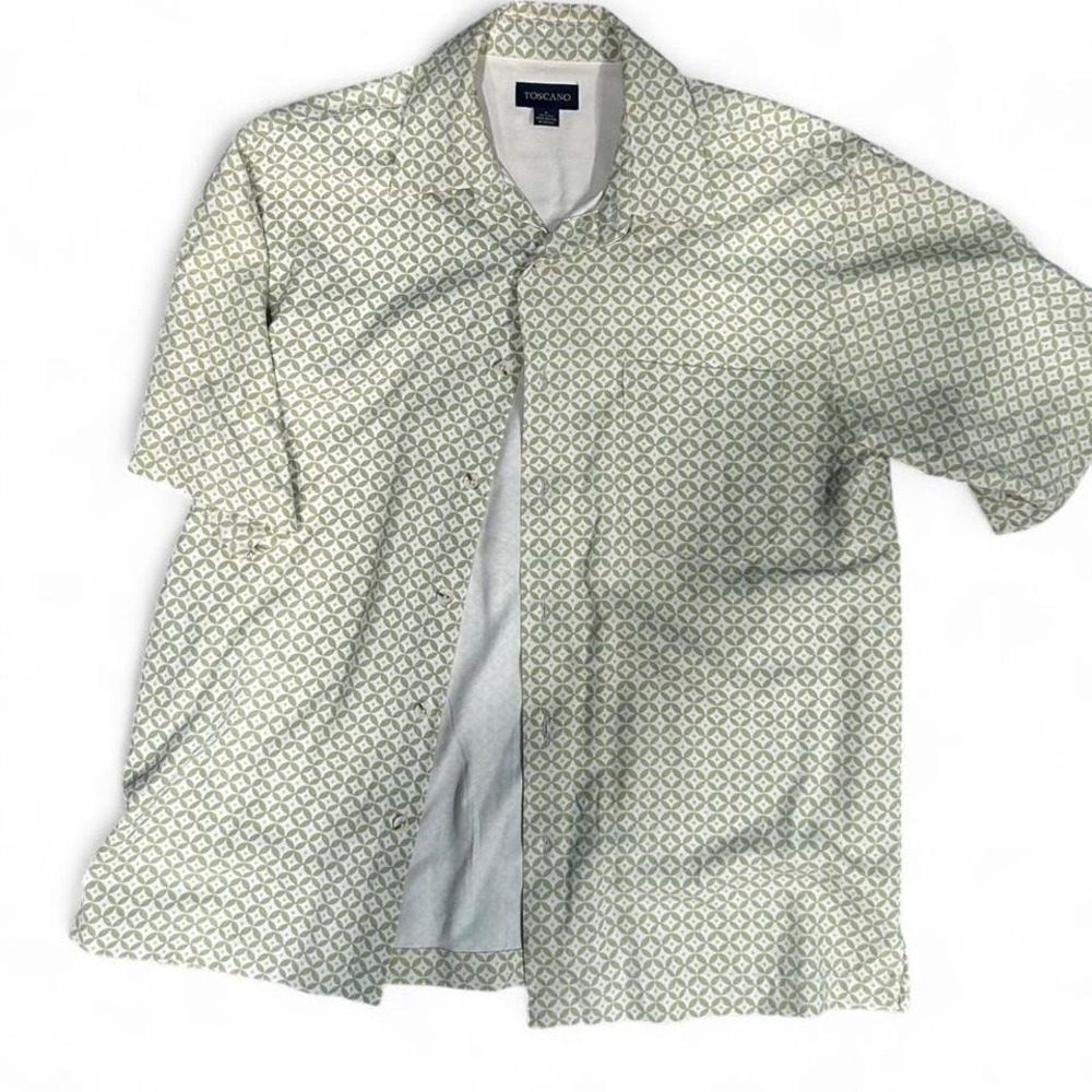 Men's retro print 100% silk button up shirt by Toscano size medium (M3)